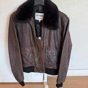 Re/Done Women's Brown Leather Jacket with Black Collar